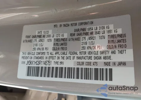 2024 Mazda Cx-90 3.3 Turbo S z USA, uszkodzony, nr VIN JM3KK1HC8R1146751